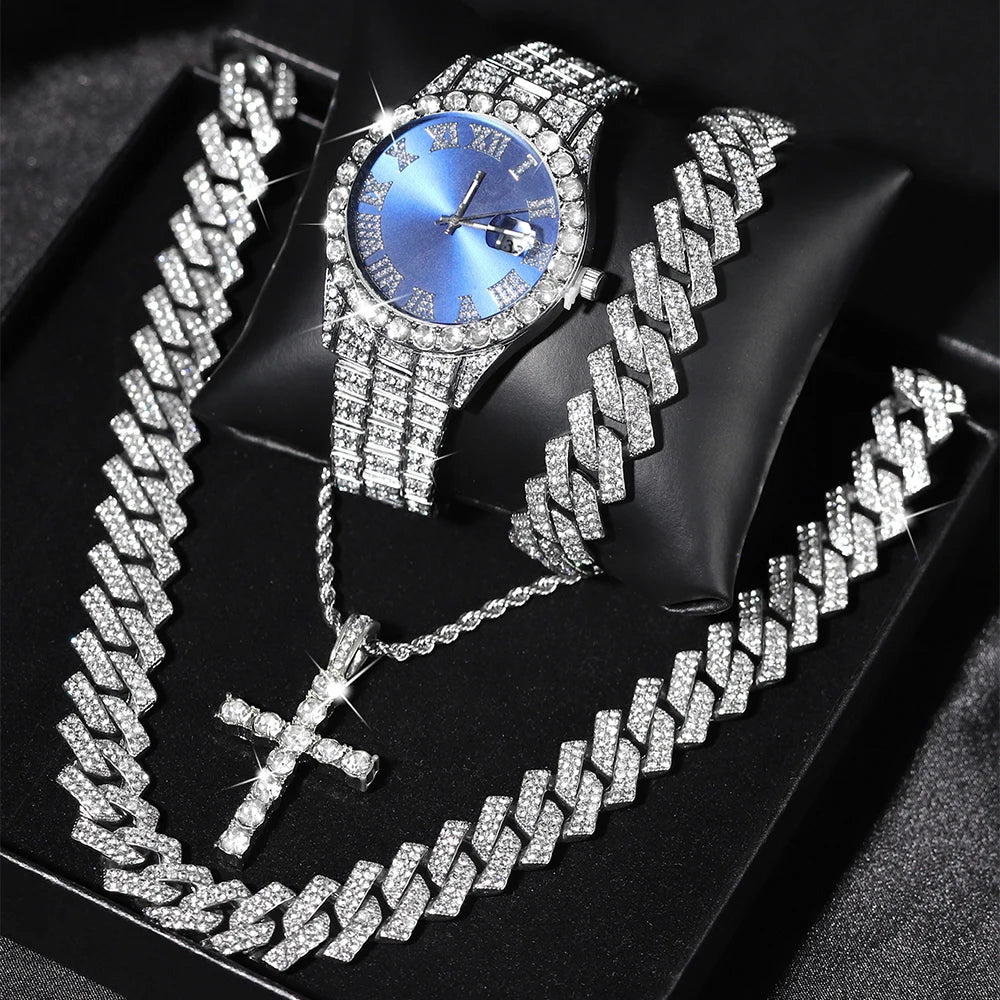 Quartz Watch Set Gift Box Cuban Necklace Bracelet Cross