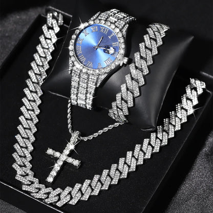 Quartz Watch Set Gift Box Cuban Necklace Bracelet Cross