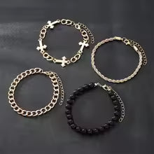 4-Piece Dark Stainless Steel Cross Bead Bracelet Set – Men’s Hip Hop Jewelry