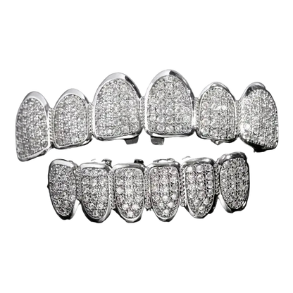 Hip Hop CZ Teeth Grillz Set – Unisex Gold/Silver Removable Top & Bottom Caps Silver