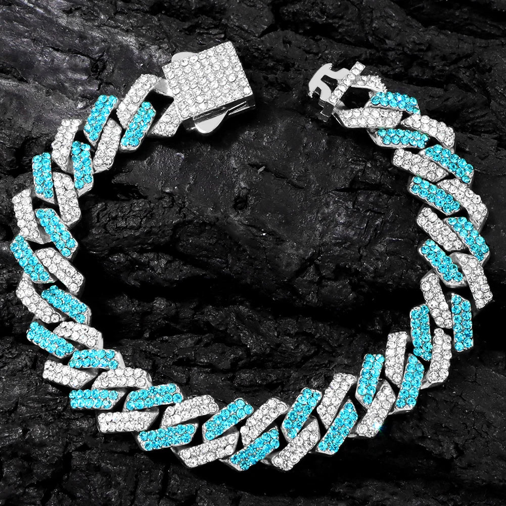 14mm Blue Rhombus Cuban Link Chain & Bracelet Set – Unisex Hip Hop Jewelry Silver