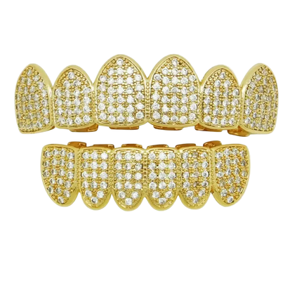 Hip Hop CZ Teeth Grillz Set – Unisex Gold/Silver Removable Top & Bottom Caps Gold