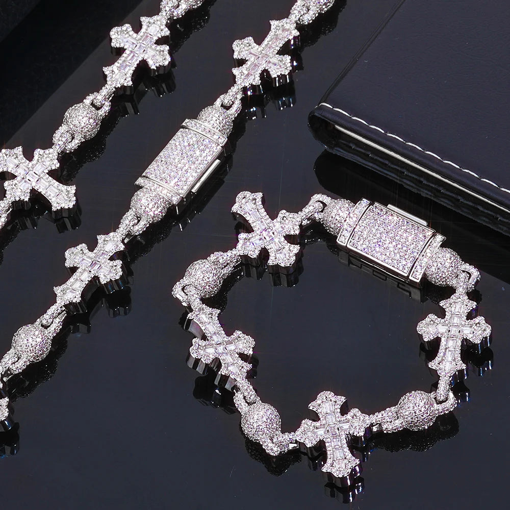 Cubic Zirconia Cross & Bead Necklace – Men’s Hip Hop Cuban Chain Jewelry
