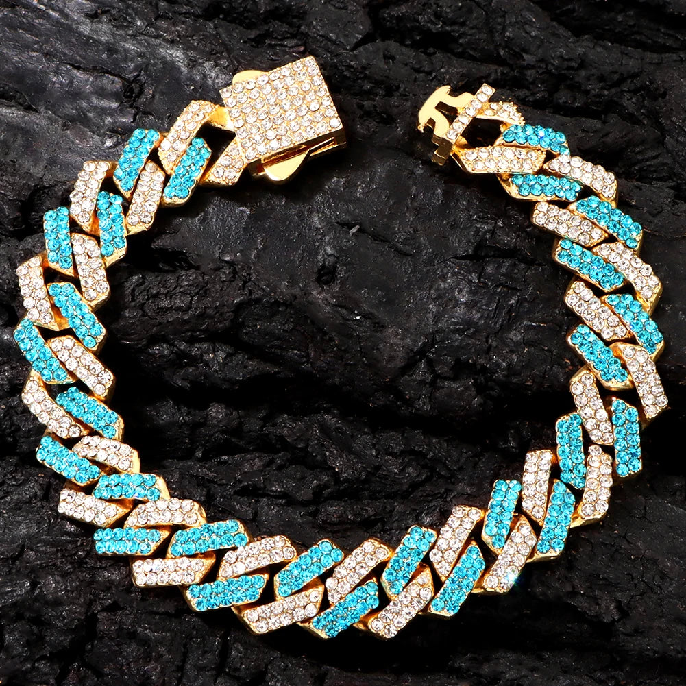 14mm Blue Rhombus Cuban Link Chain & Bracelet Set – Unisex Hip Hop Jewelry Gold