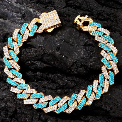14mm Blue Rhombus Cuban Link Chain & Bracelet Set – Unisex Hip Hop Jewelry Gold