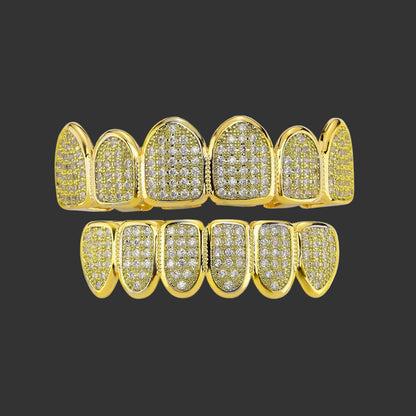 Iced Out CZ Teeth Grillz – Unisex Hip Hop 14K Gold Plated Jewelry Gold