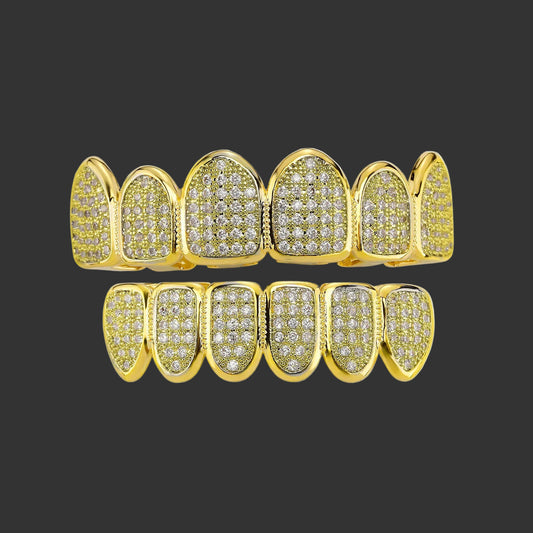 Iced Out CZ Teeth Grillz – Unisex Hip Hop 14K Gold Plated Jewelry Gold