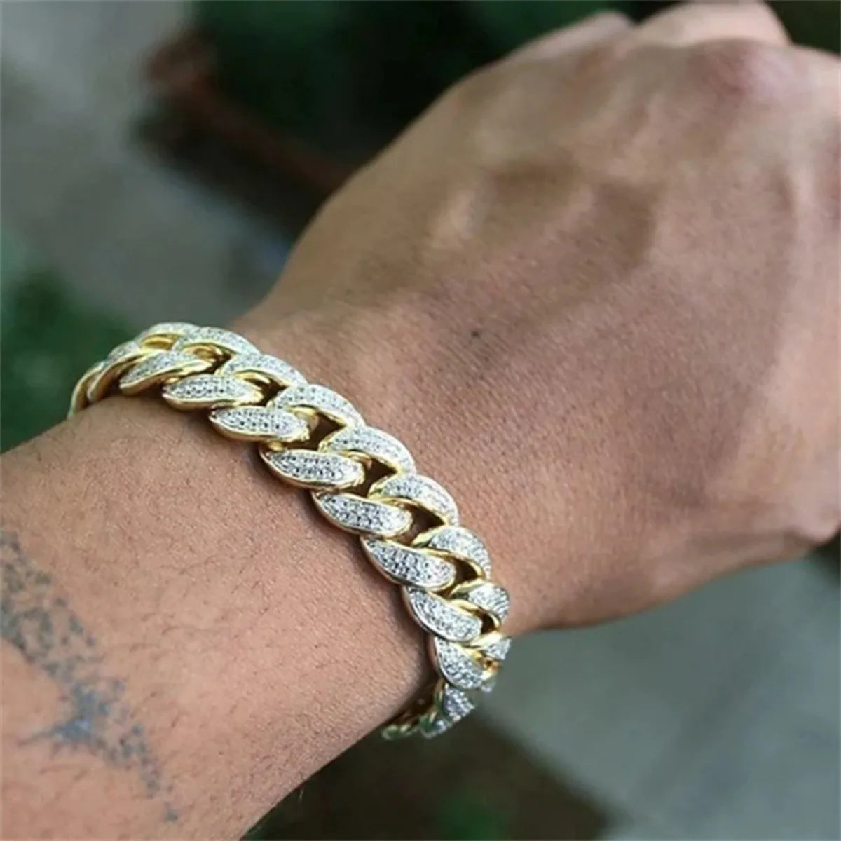 Gold Cuban Chain Bracelet – Men’s Hip Hop Rhinestone Jewelry