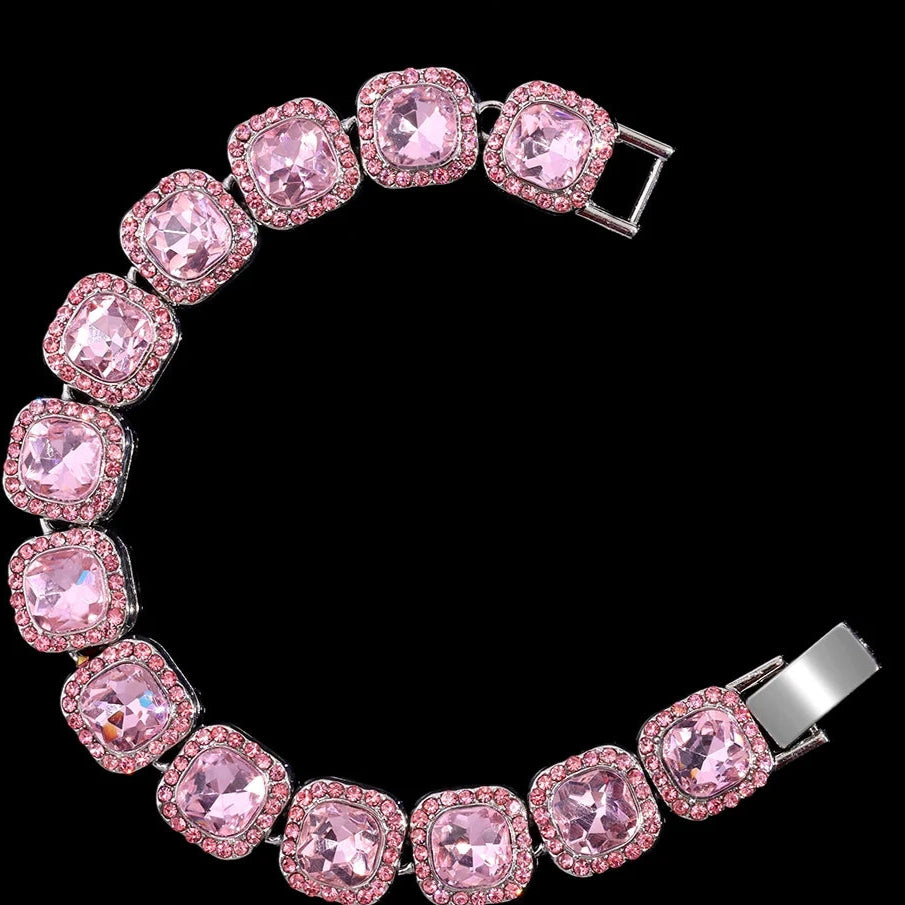 Crystal Heart Tennis Bracelet – Unisex Hip Hop Cuban Link Jewelry Pink