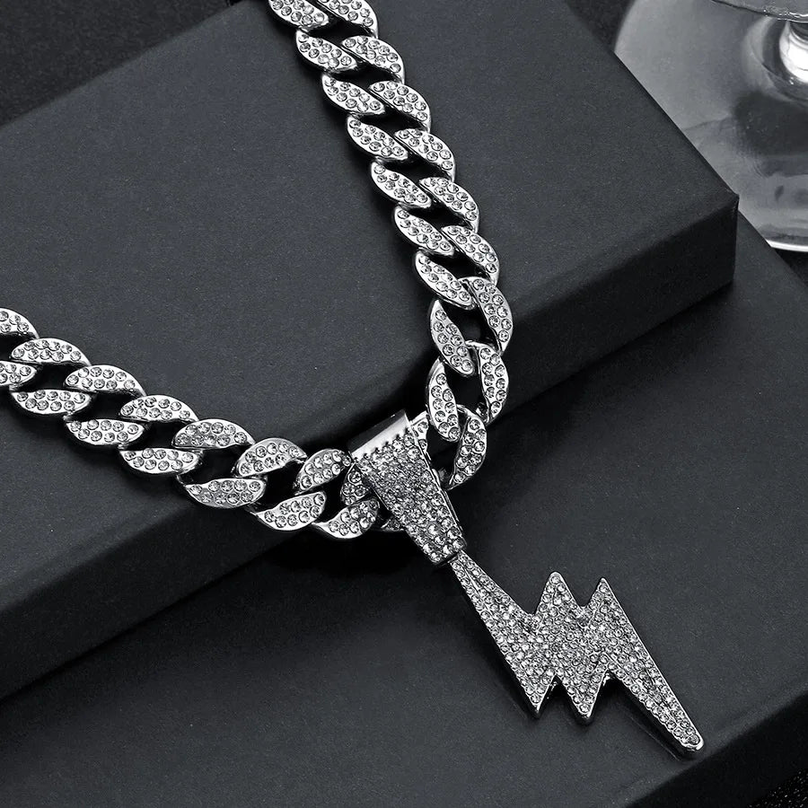 Rhinestone Lightning Pendant Necklace – Unisex Hip Hop Cuban Chain Jewelry