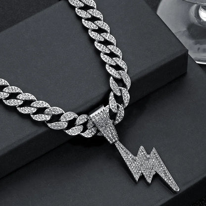 Rhinestone Lightning Pendant Necklace – Unisex Hip Hop Cuban Chain Jewelry