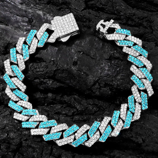 14mm Blue Rhombus Cuban Link Chain & Bracelet Set – Unisex Hip Hop Jewelry