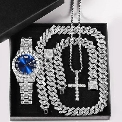 Quartz Watch Set Gift Box Cuban Necklace Bracelet Cross