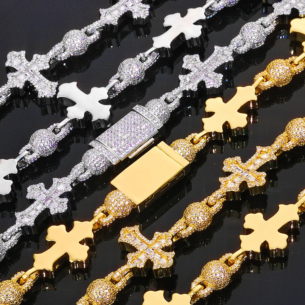 Cubic Zirconia Cross & Bead Necklace – Men’s Hip Hop Cuban Chain Jewelry