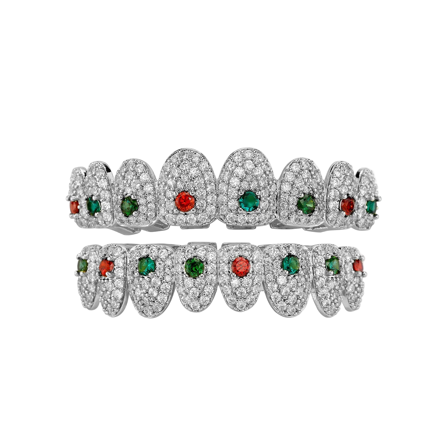 Hip Hop Rainbow Grillz – Full Iced Out CZ Stone 8 Teeth Top & Bottom Set for Men & Women Silver