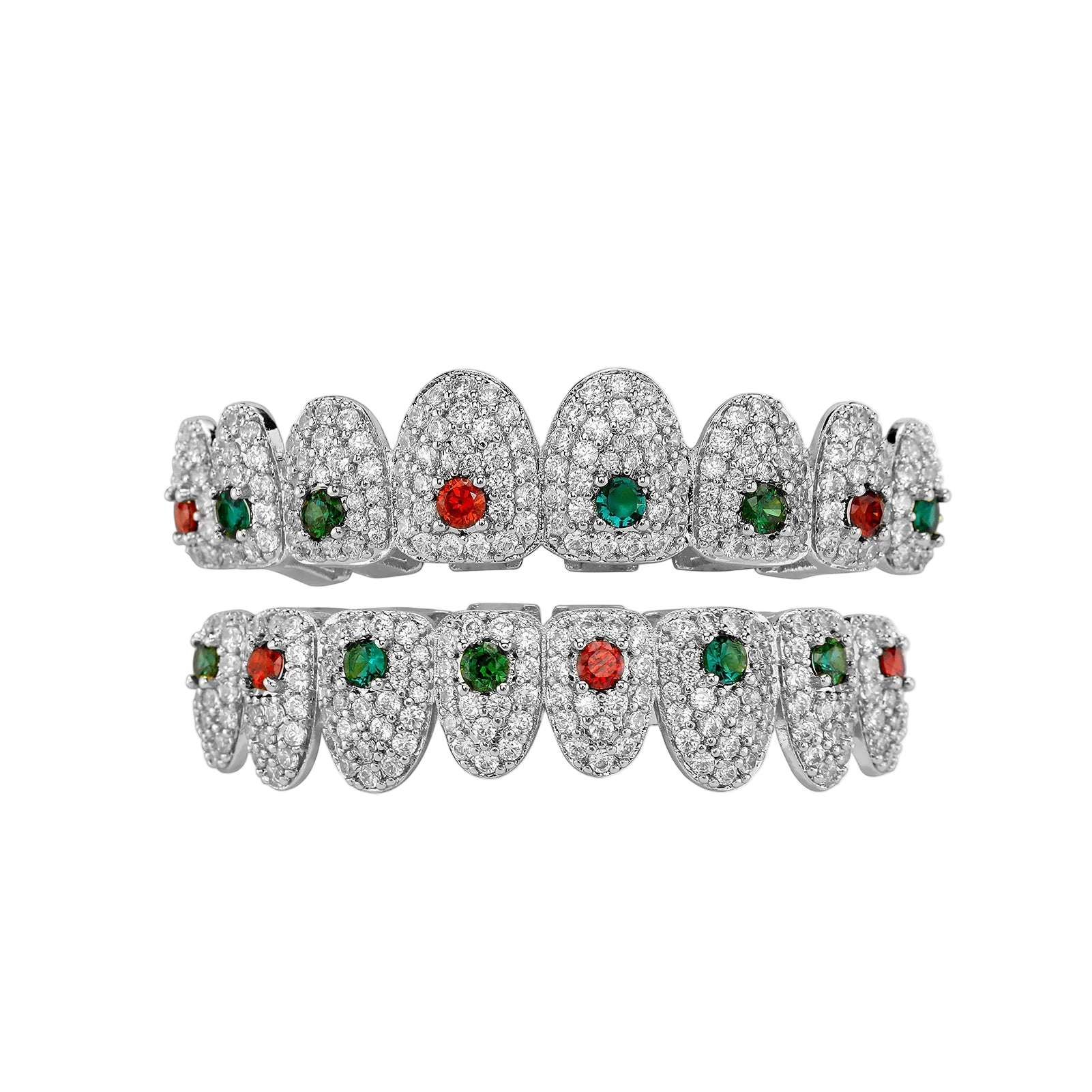 Hip Hop Rainbow Grillz – Full Iced Out CZ Stone 8 Teeth Top & Bottom Set for Men & Women Silver