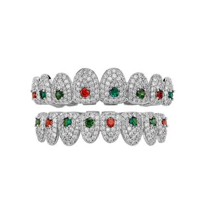 Hip Hop Rainbow Grillz – Full Iced Out CZ Stone 8 Teeth Top & Bottom Set for Men & Women Silver