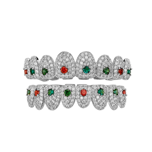 Hip Hop Rainbow Grillz – Full Iced Out CZ Stone 8 Teeth Top & Bottom Set for Men & Women Silver
