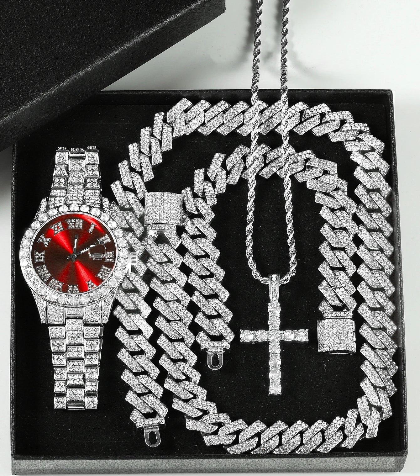 Quartz Watch Set Gift Box Cuban Necklace Bracelet Cross Red Set 50cm