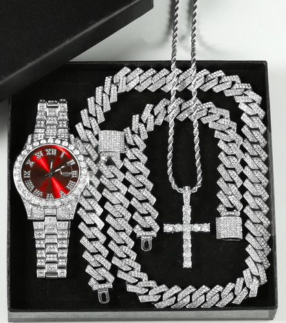 Quartz Watch Set Gift Box Cuban Necklace Bracelet Cross Red Set 50cm