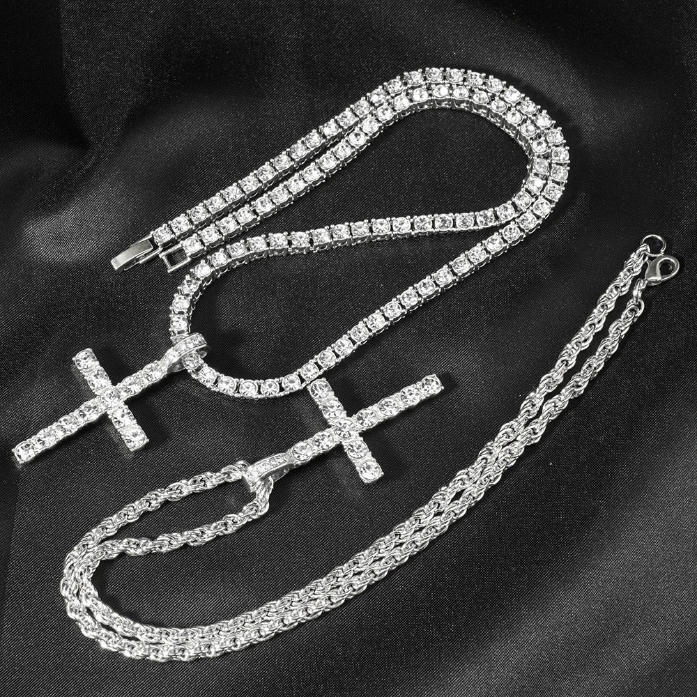 Iced Out Cross Pendant Necklace – Unisex Hip Hop Zircon Tennis Chain Silver