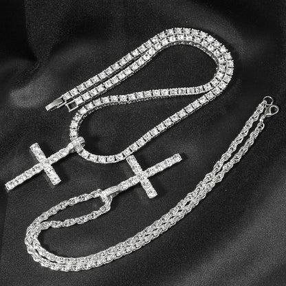 Iced Out Cross Pendant Necklace – Unisex Hip Hop Zircon Tennis Chain Silver