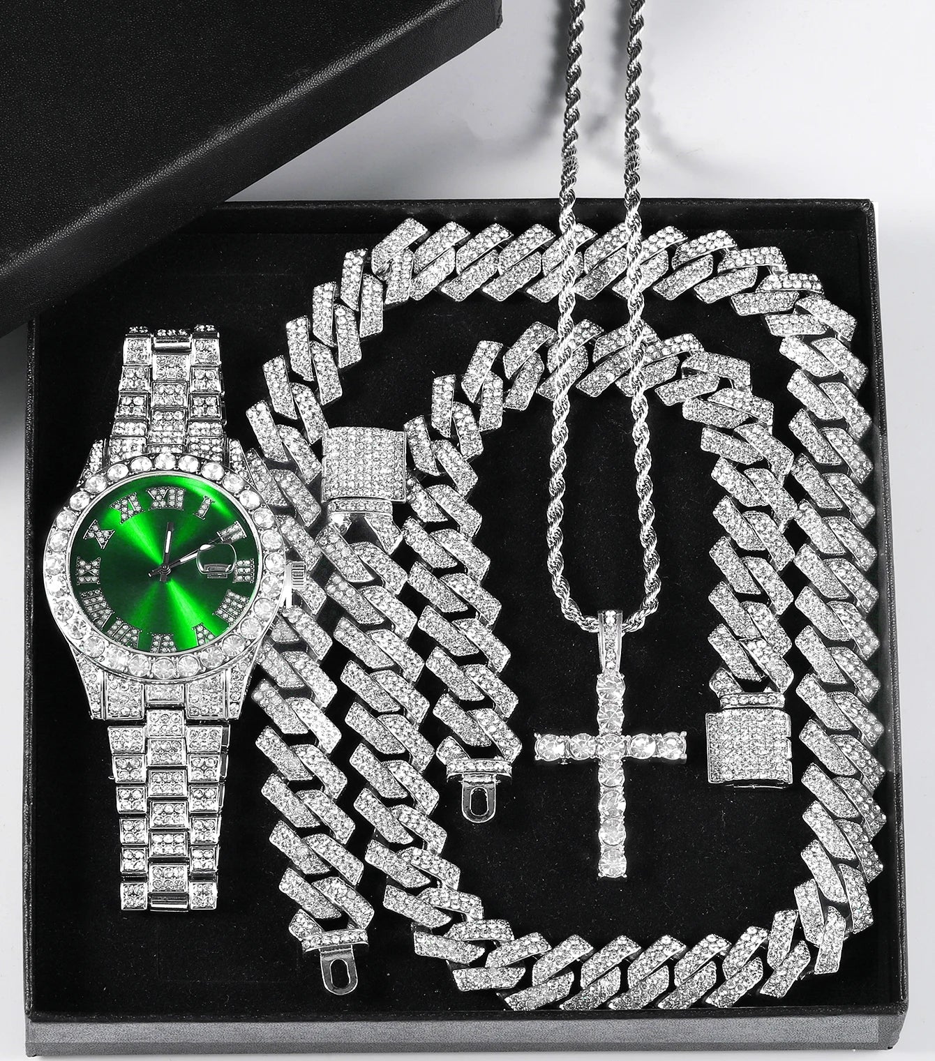 Quartz Watch Set Gift Box Cuban Necklace Bracelet Cross Green Set 50cm