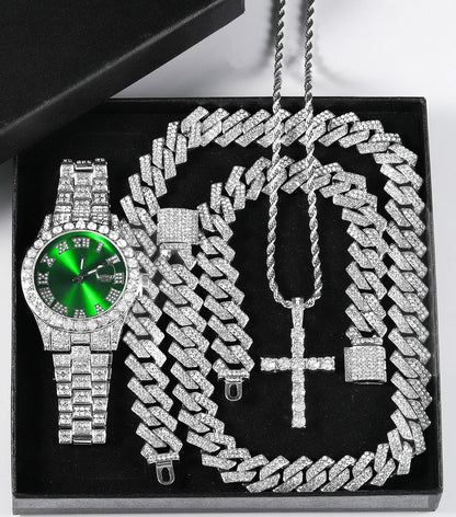 Quartz Watch Set Gift Box Cuban Necklace Bracelet Cross Green Set 50cm
