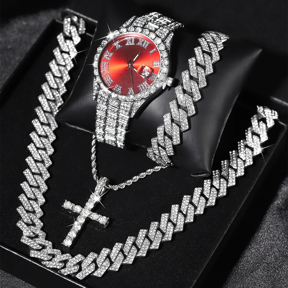 Quartz Watch Set Gift Box Cuban Necklace Bracelet Cross