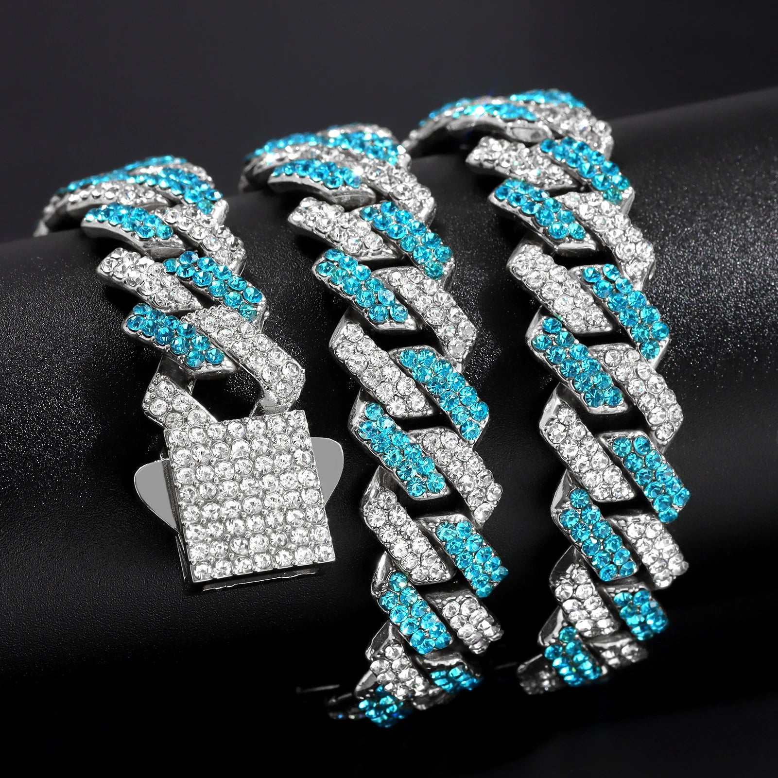 14mm Blue Rhombus Cuban Link Chain & Bracelet Set – Unisex Hip Hop Jewelry