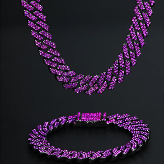 Purple Rhombus Cuban Link Chain & Bracelet Set – Men’s Hip Hop Jewelry