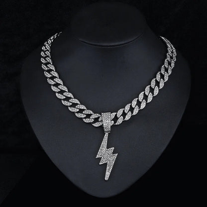 Rhinestone Lightning Pendant Necklace – Unisex Hip Hop Cuban Chain Jewelry Silver