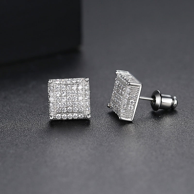 Hip Hop Iced Out Zircon Stud Earrings – Unisex Silver Piercing Jewelry