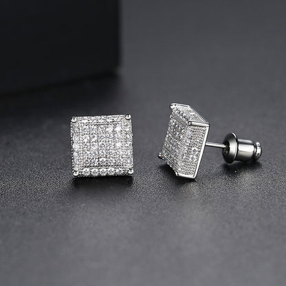 Hip Hop Iced Out Zircon Stud Earrings – Unisex Silver Piercing Jewelry