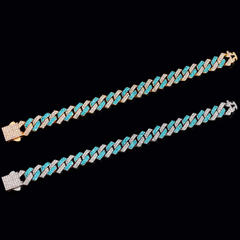 14mm Blue Rhombus Cuban Link Chain & Bracelet Set – Unisex Hip Hop Jewelry