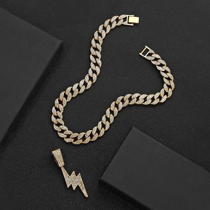 Rhinestone Lightning Pendant Necklace – Unisex Hip Hop Cuban Chain Jewelry