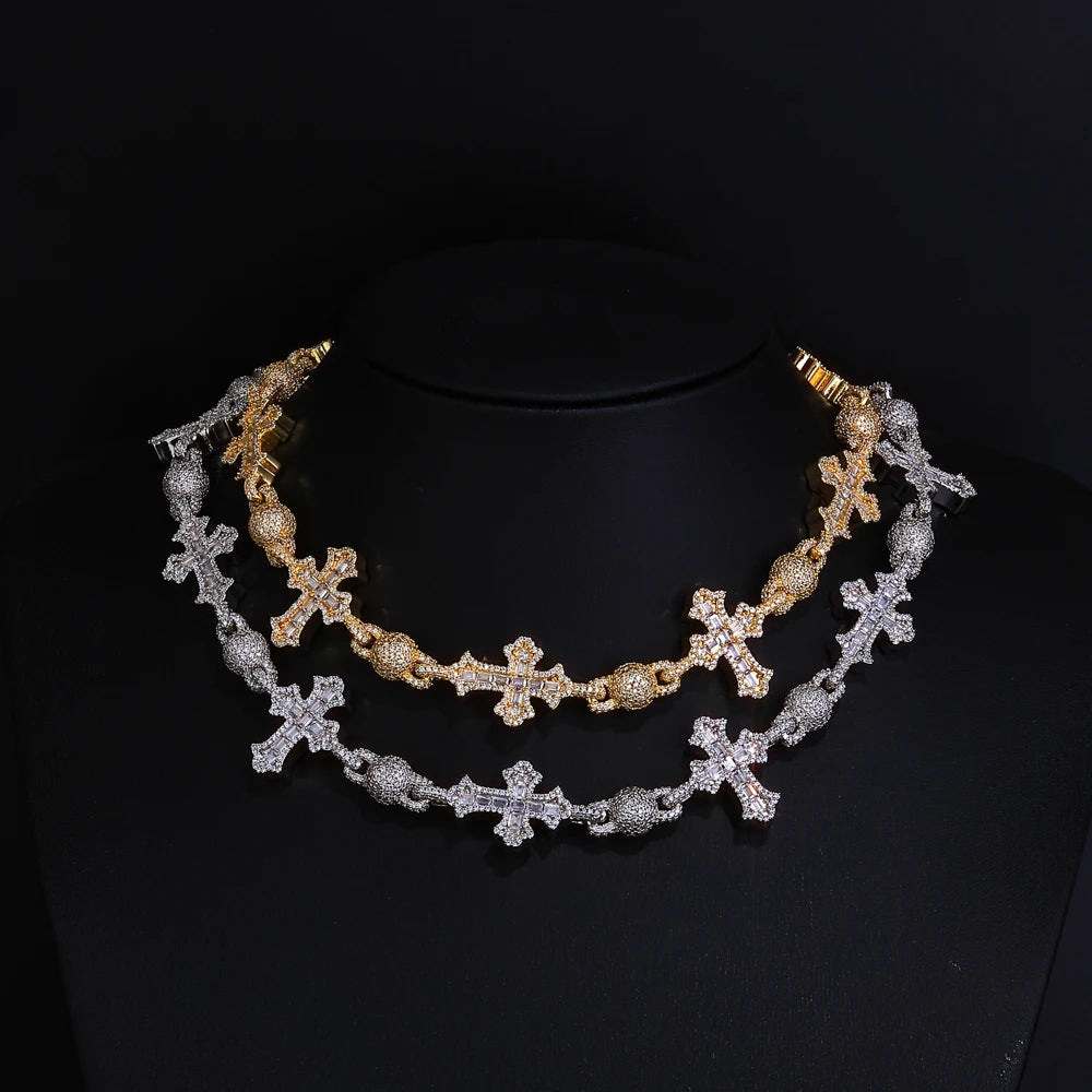 Cubic Zirconia Cross & Bead Necklace – Men’s Hip Hop Cuban Chain Jewelry