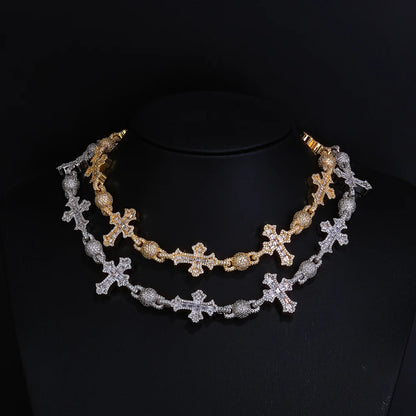 Cubic Zirconia Cross & Bead Necklace – Men’s Hip Hop Cuban Chain Jewelry