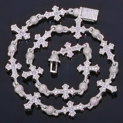 Cubic Zirconia Cross & Bead Necklace – Men’s Hip Hop Cuban Chain Jewelry