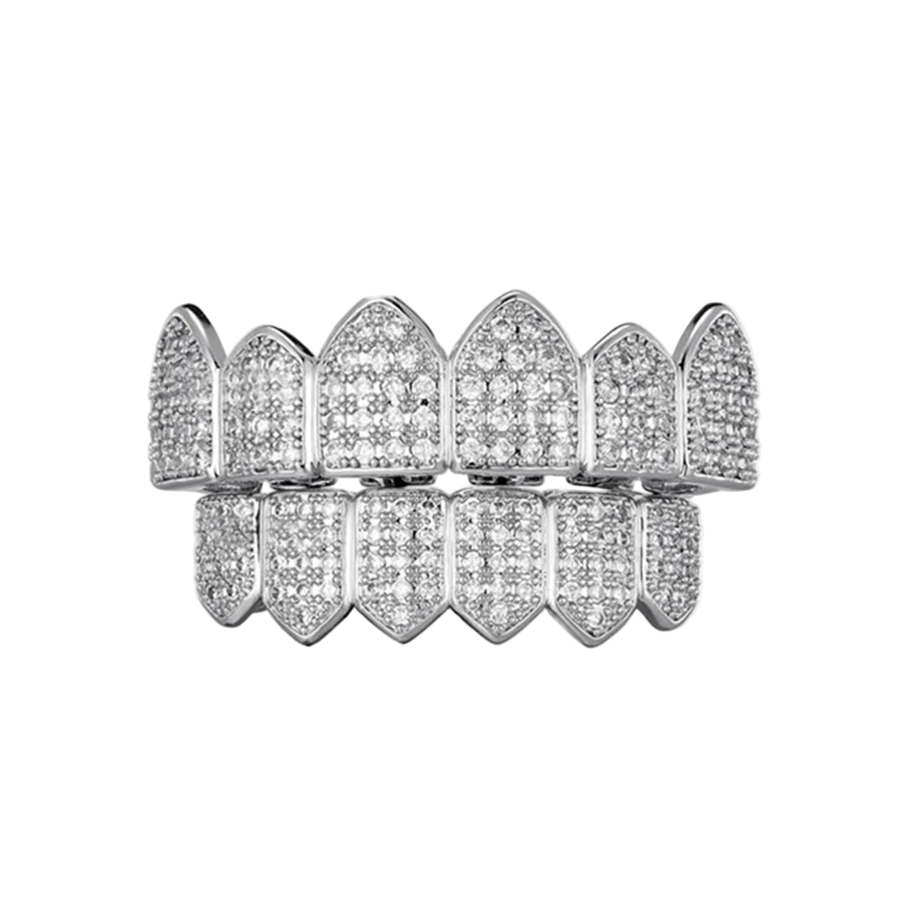 Full CZ Teeth Grillz – Unisex Hip Hop Iced Out Jewelry Silver