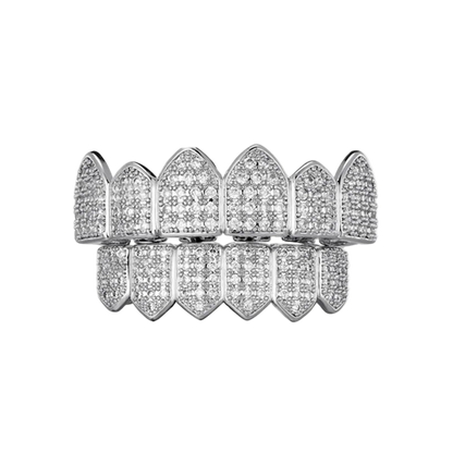 Full CZ Teeth Grillz – Unisex Hip Hop Iced Out Jewelry Silver