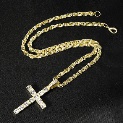 Iced Out Cross Pendant Necklace – Unisex Hip Hop Zircon Tennis Chain Gold