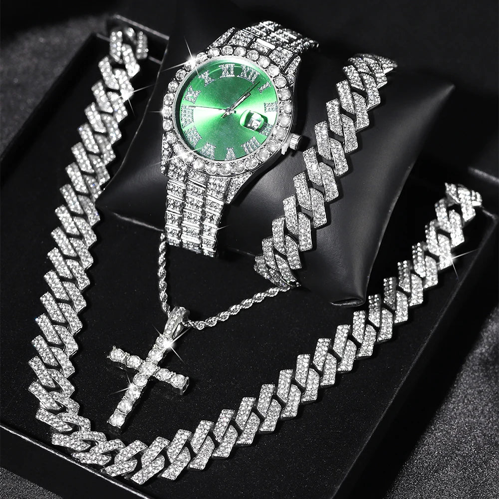 Quartz Watch Set Gift Box Cuban Necklace Bracelet Cross
