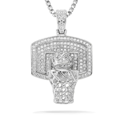 Basketball Hoop Pendant Necklace – Men’s Hip Hop Long Chain Jewelry Silver WHITE