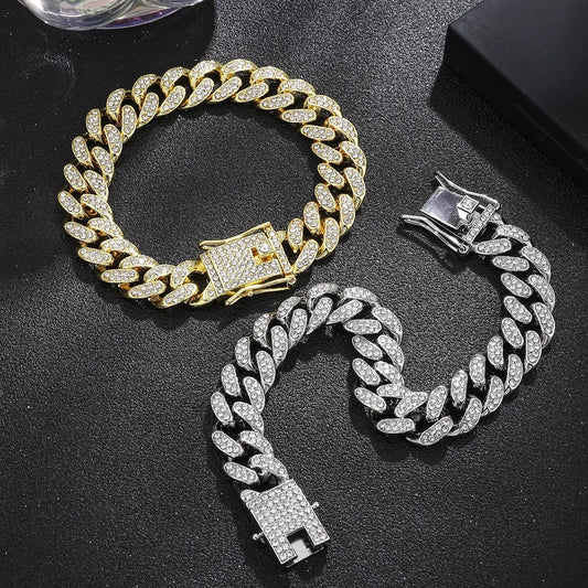 Gold Cuban Chain Bracelet – Men’s Hip Hop Rhinestone Jewelry