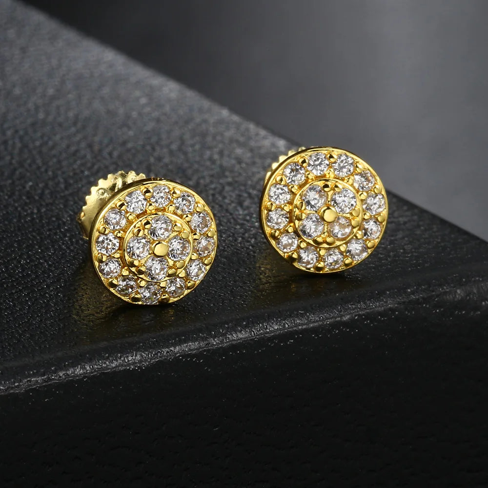 Hip Hop Men's Stud Earrings – Gold Color Round Micro Pave Zircon