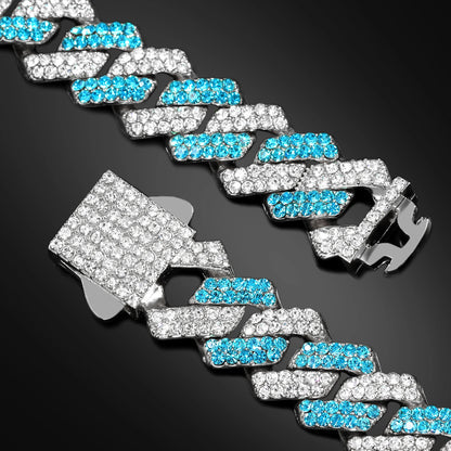 14mm Blue Rhombus Cuban Link Chain & Bracelet Set – Unisex Hip Hop Jewelry