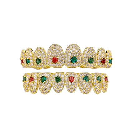 Hip Hop Rainbow Grillz – Full Iced Out CZ Stone 8 Teeth Top & Bottom Set for Men & Women Gold