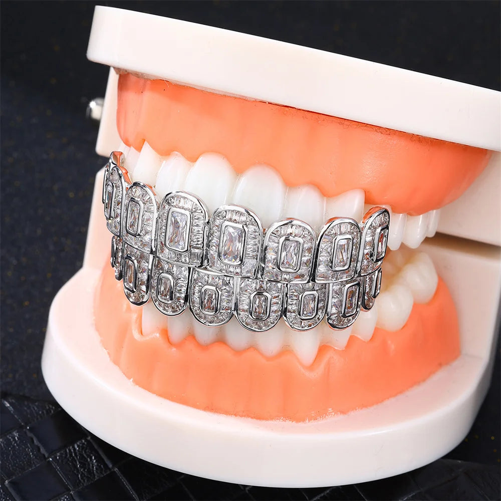 Full Iced Out Square CZ Teeth Grillz – Unisex Hip Hop Jewelry