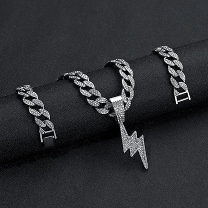 Rhinestone Lightning Pendant Necklace – Unisex Hip Hop Cuban Chain Jewelry